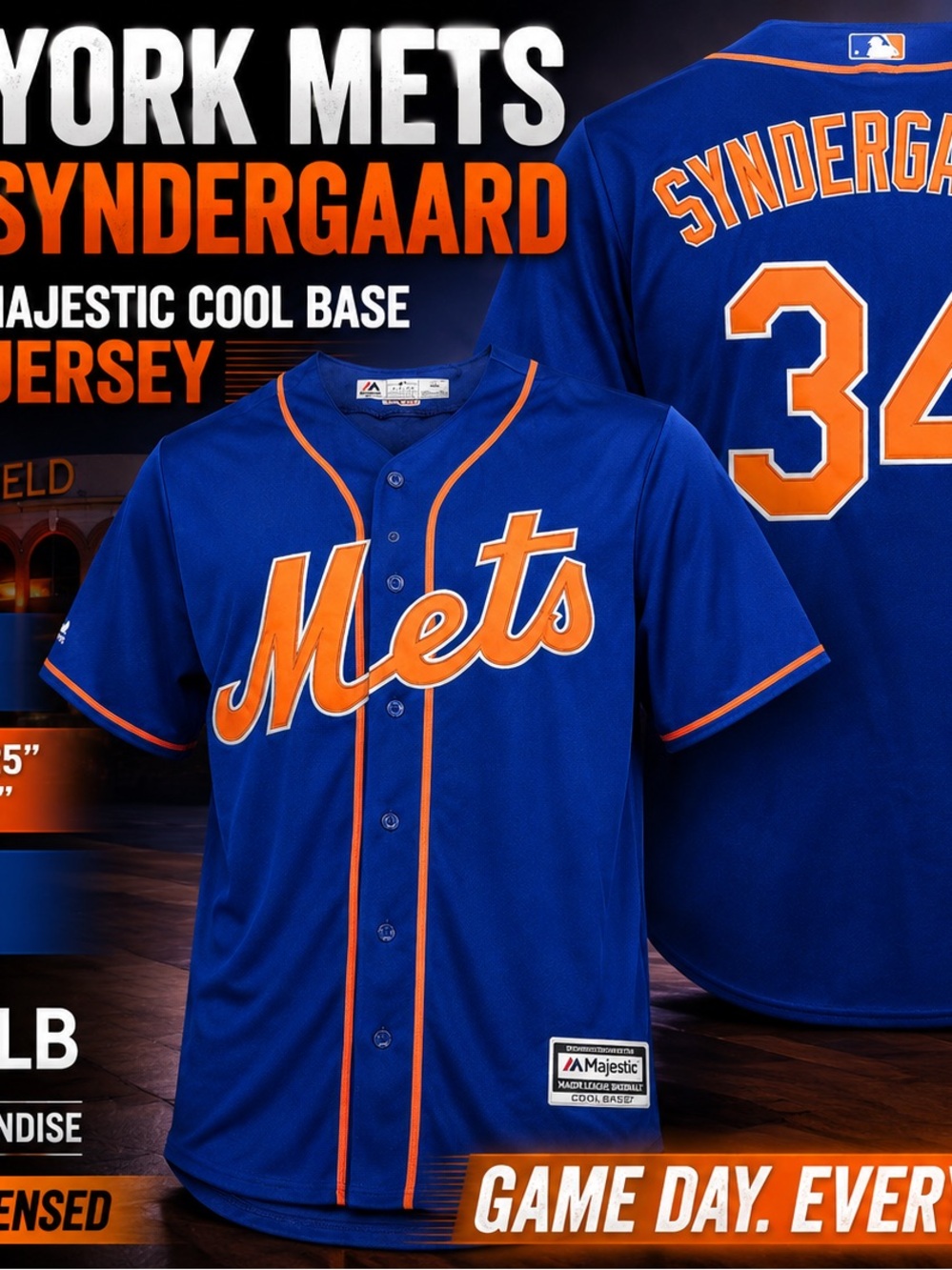 New York Mets Noah Syndergaard #34 Majestic Cool Base Jersey Men’s L MLB Blue